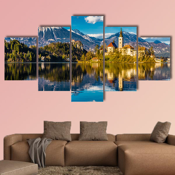 Amazing View on Bled Lake, Island, Church and Castle multi panel canvas wall art