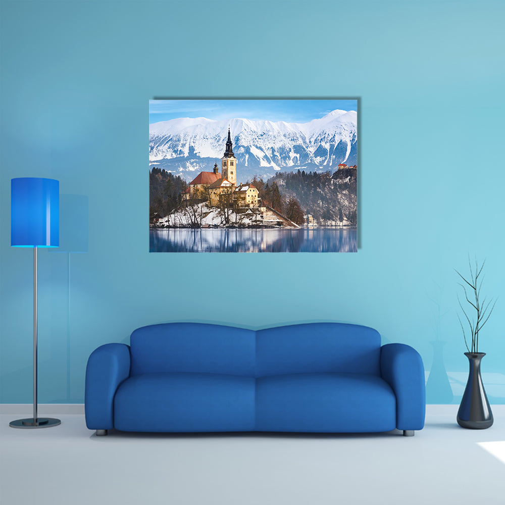 Lake Bled with St. Marys Chumption small island; Slovenia, Europe multi panel canvas wall arturch of the Ass