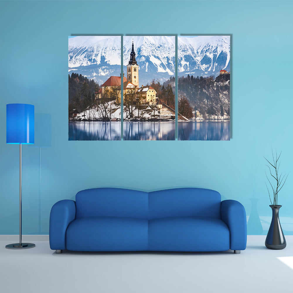 Lake Bled with St. Marys Chumption small island; Slovenia, Europe multi panel canvas wall arturch of the Ass