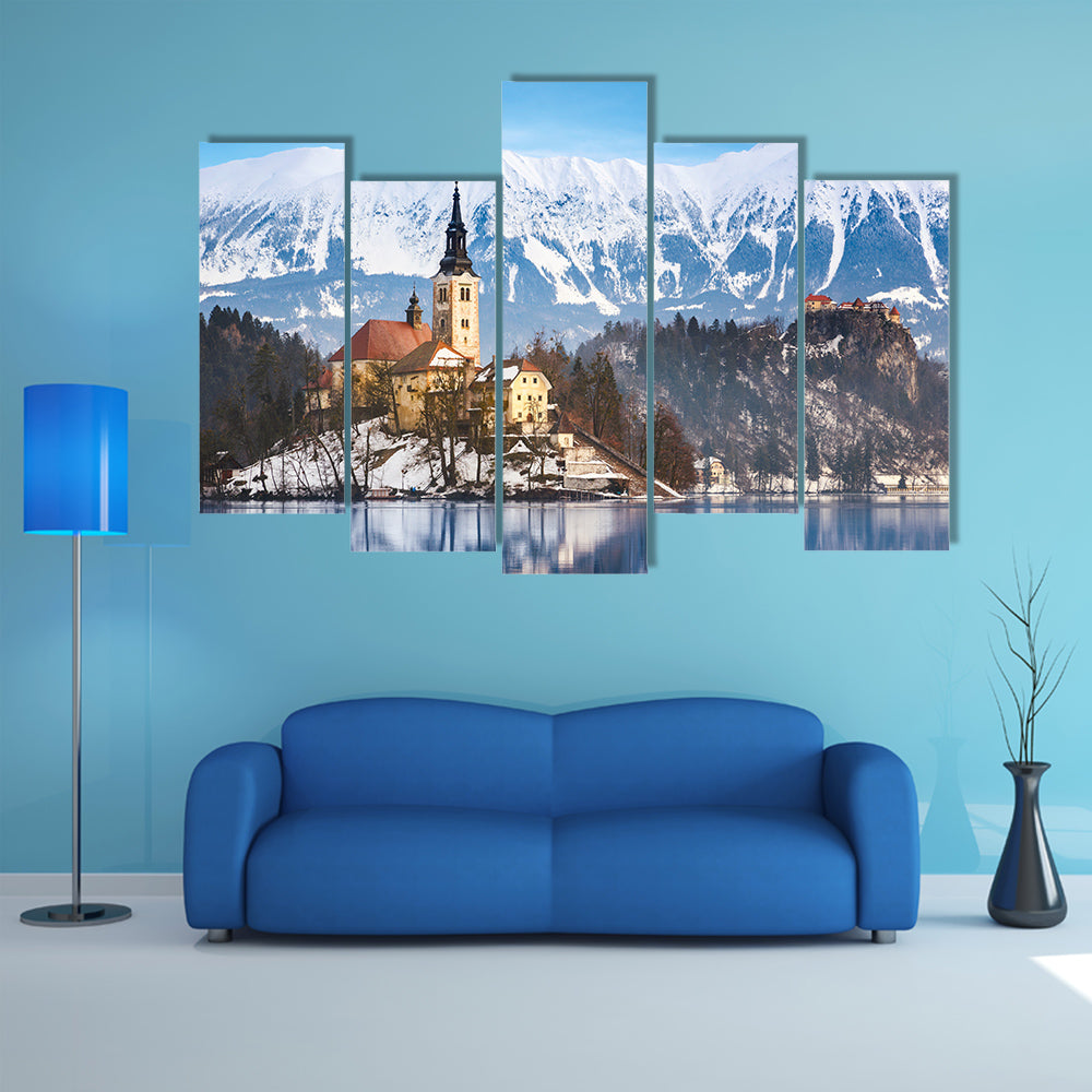 Lake Bled with St. Marys Chumption small island; Slovenia, Europe multi panel canvas wall arturch of the Ass