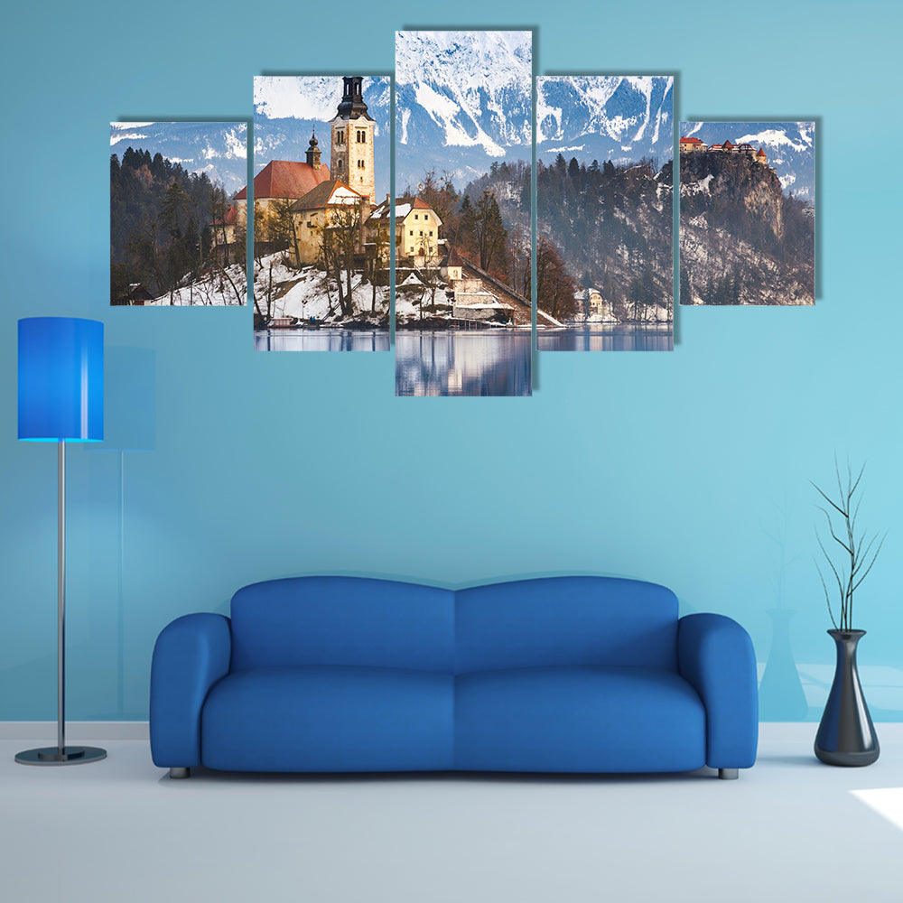 Lake Bled with St. Marys Chumption small island; Slovenia, Europe multi panel canvas wall arturch of the Ass