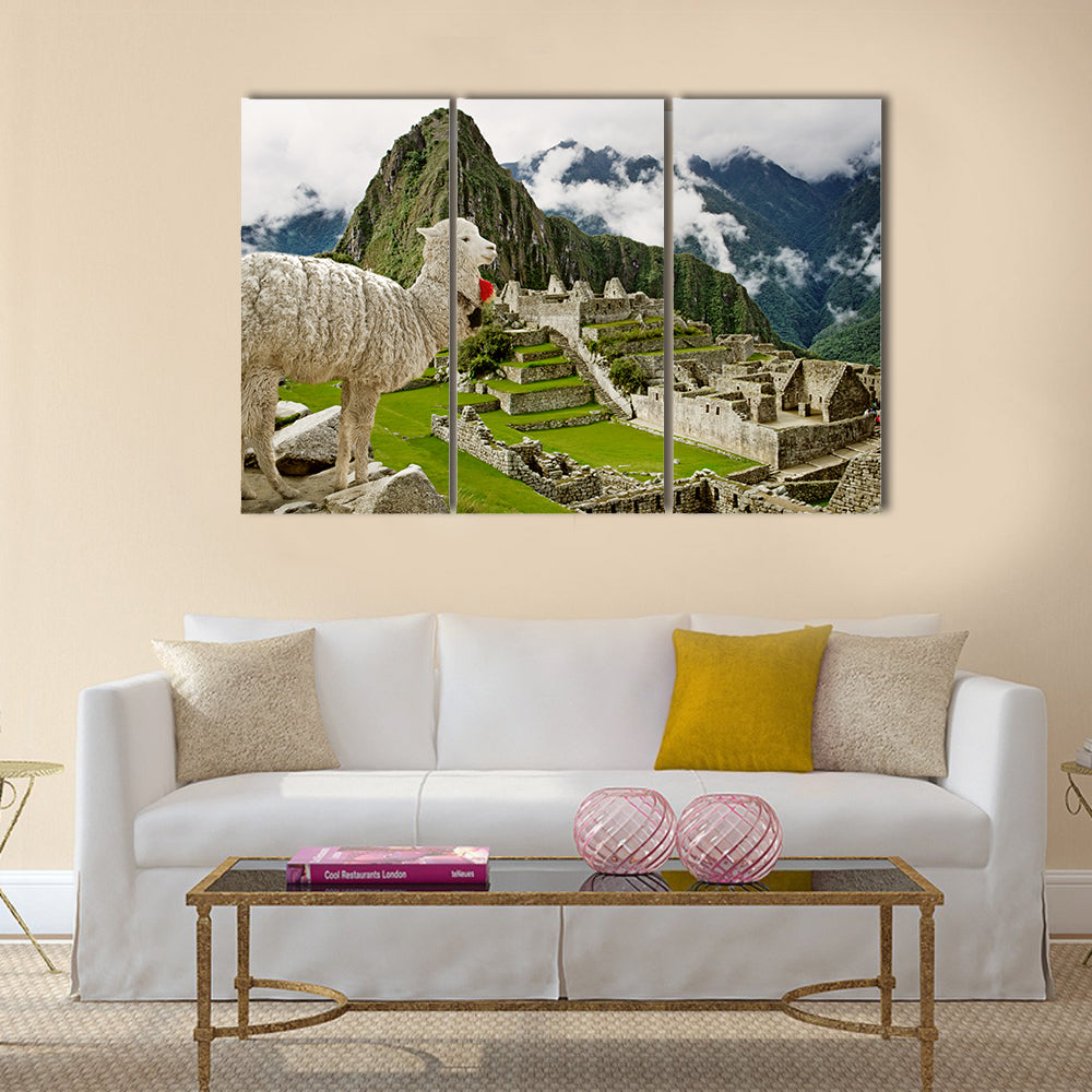 Llama in Machu Picchu, Peru multi panel canvas wall art