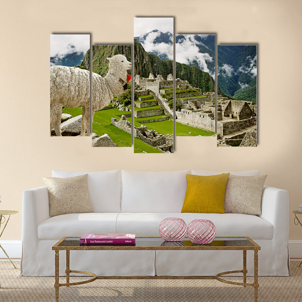 Llama in Machu Picchu, Peru multi panel canvas wall art
