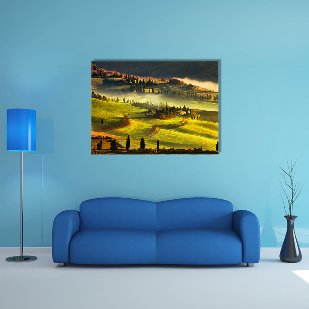 Tuscany foggy morning, farmland and cypress trees country landscape, Italy, Europe multi panel canvas wall art