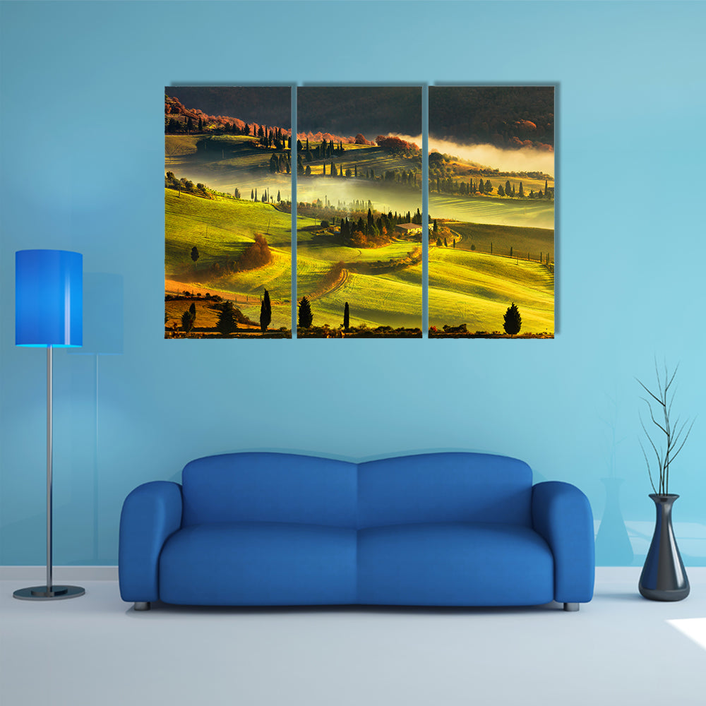 Tuscany foggy morning, farmland and cypress trees country landscape, Italy, Europe multi panel canvas wall art