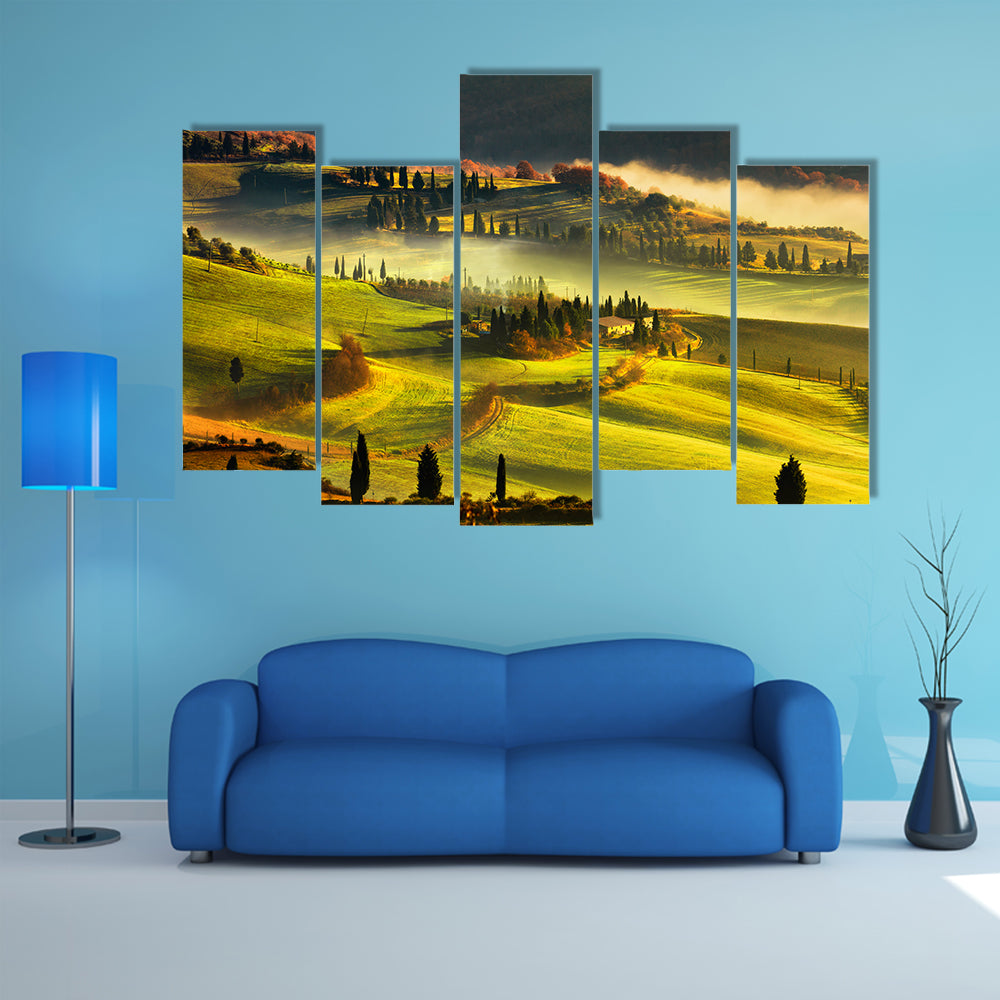 Tuscany foggy morning, farmland and cypress trees country landscape, Italy, Europe multi panel canvas wall art