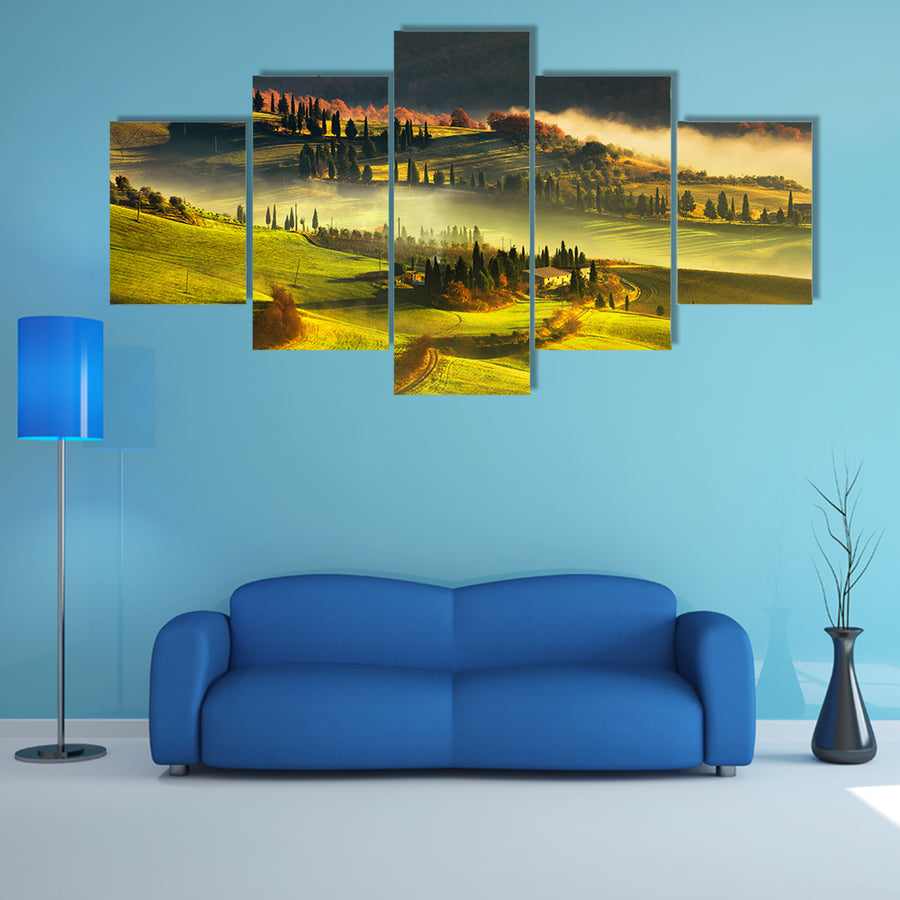 Tuscany foggy morning, farmland and cypress trees country landscape, Italy, Europe multi panel canvas wall art