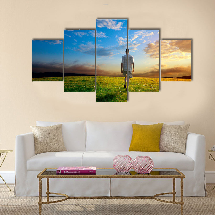 One man and field of spring grass and sunset, Multi panel canvas wall art
