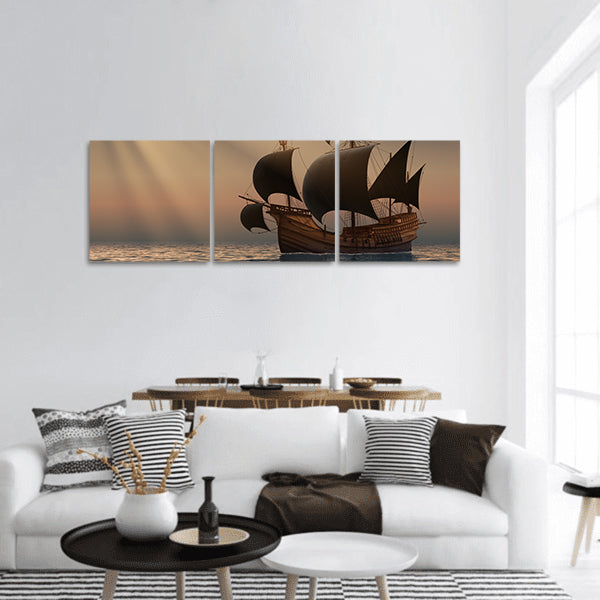 Pirate Ship In Rays Of the Sun. 3D Scene Panoramic Canvas Wall Art
