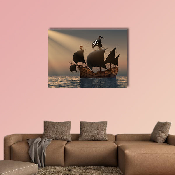 Pirate Ship in Rays of the Sun. 3D Scene multi panel canvas wall art