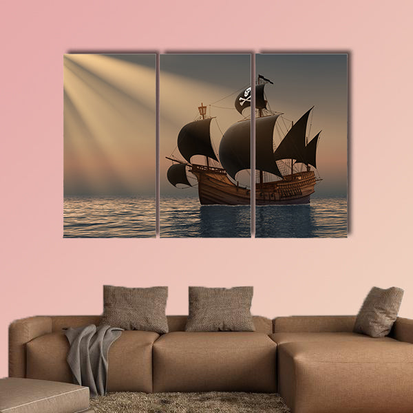 Pirate Ship in Rays of the Sun. 3D Scene multi panel canvas wall art