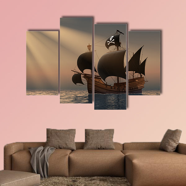 Pirate Ship in Rays of the Sun. 3D Scene multi panel canvas wall art