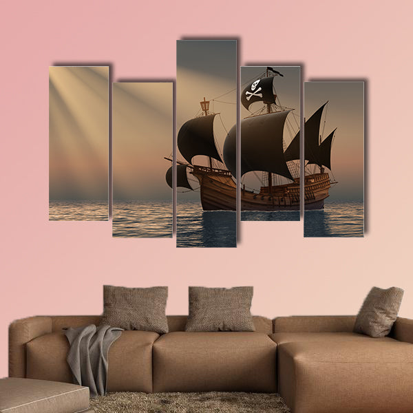 Pirate Ship in Rays of the Sun. 3D Scene multi panel canvas wall art