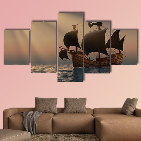 Pirate Ship in Rays of the Sun. 3D Scene multi panel canvas wall art