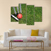 A red leather cricket ball lying in green grass Multi panel canvas Wall art