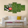 A red leather cricket ball lying in green grass Multi panel canvas Wall art