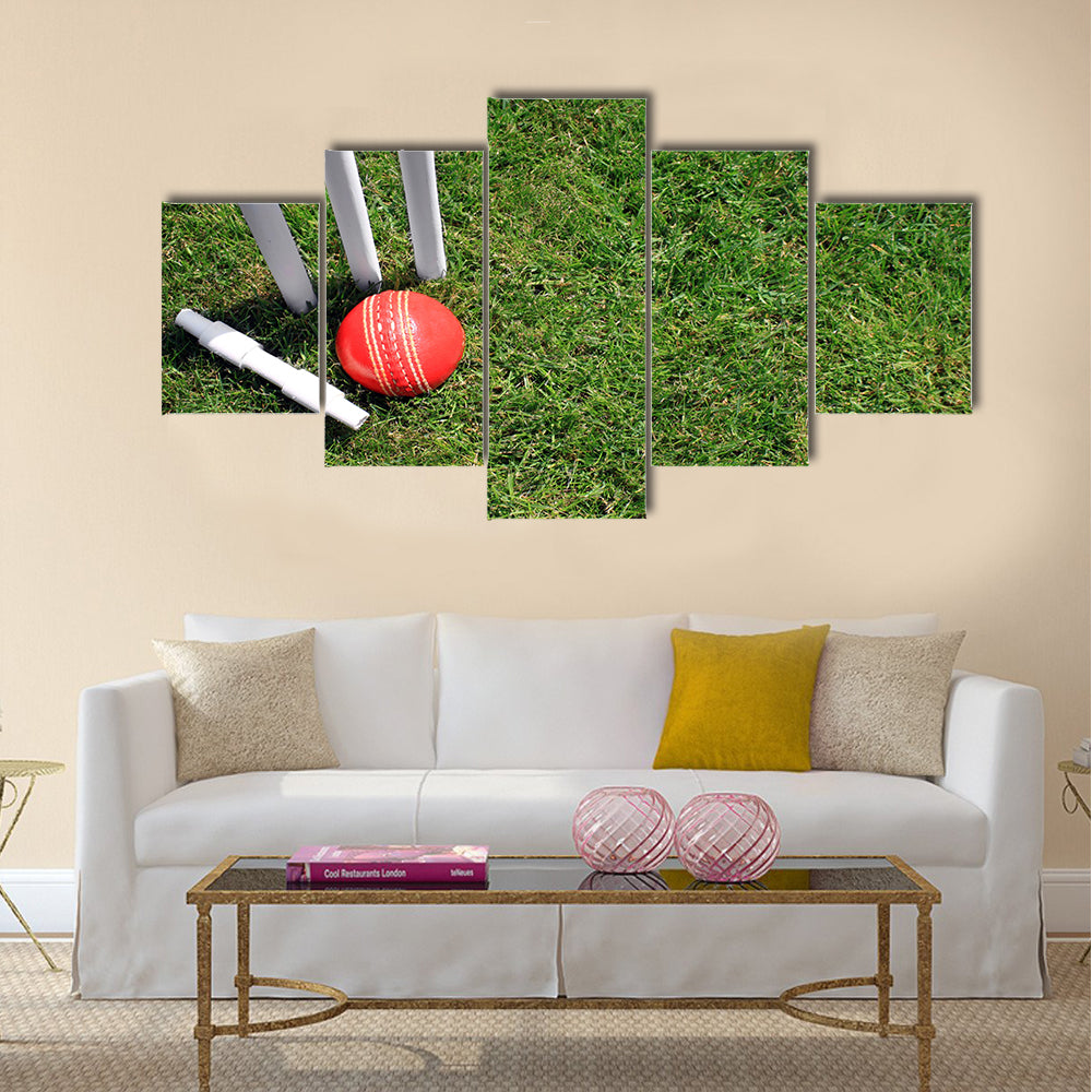 A red leather cricket ball lying in green grass Multi panel canvas Wall art