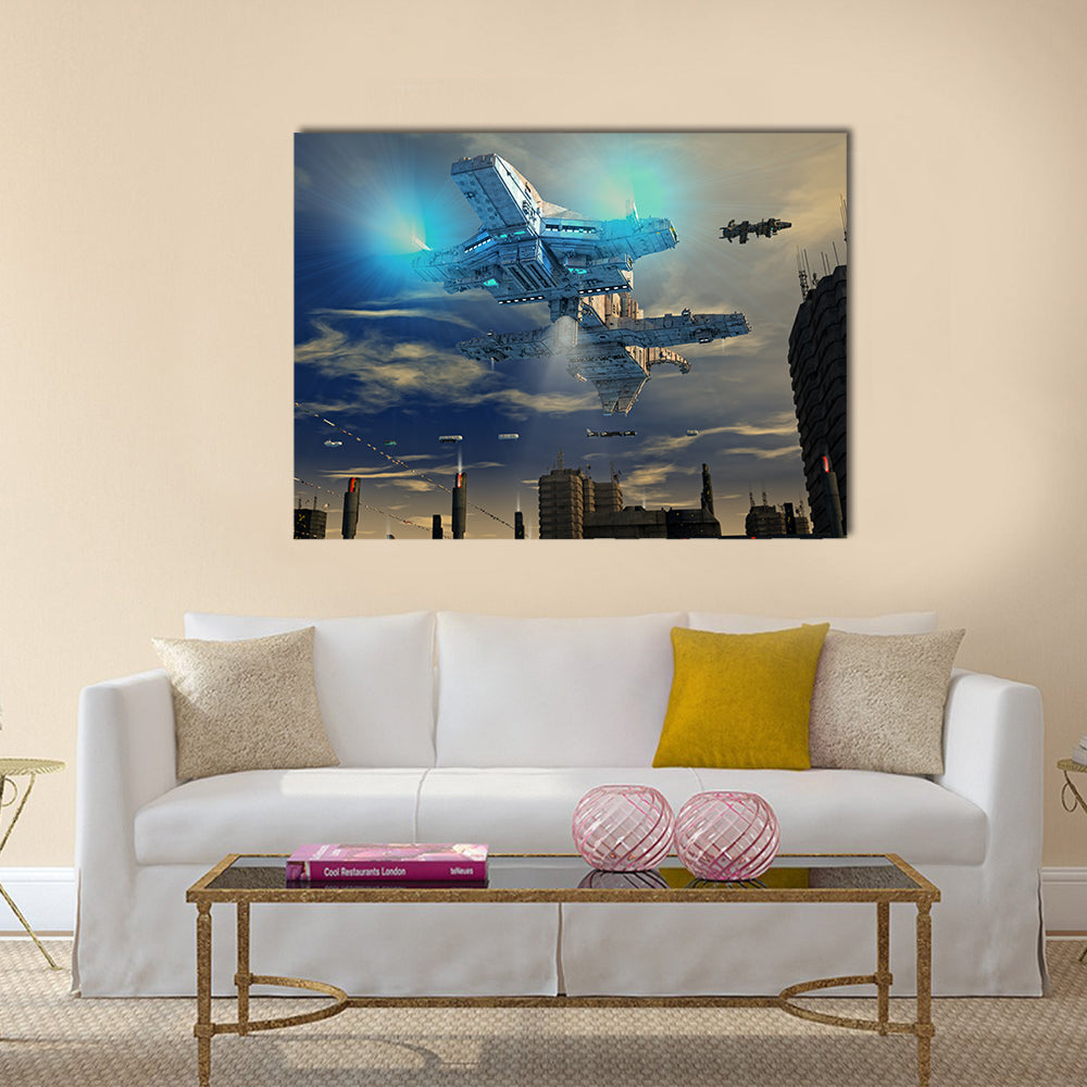 UFO Landing On A Beautiful Metropolitan City Multi Panel Canvas Wall Art