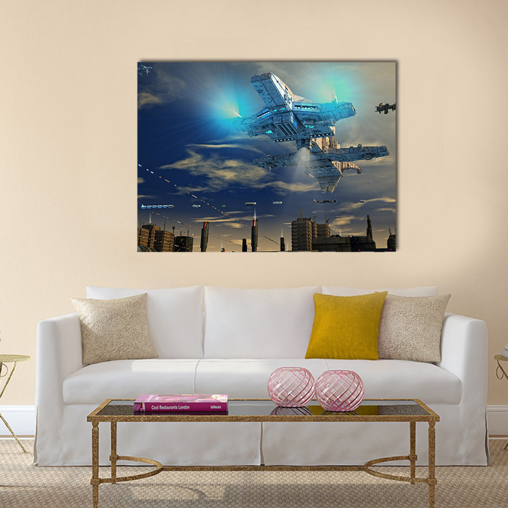 UFO Spaceship Landing On A City Multi Panel Canvas Wall Art