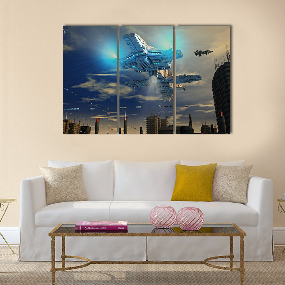 UFO Landing On A Beautiful Metropolitan City Multi Panel Canvas Wall Art