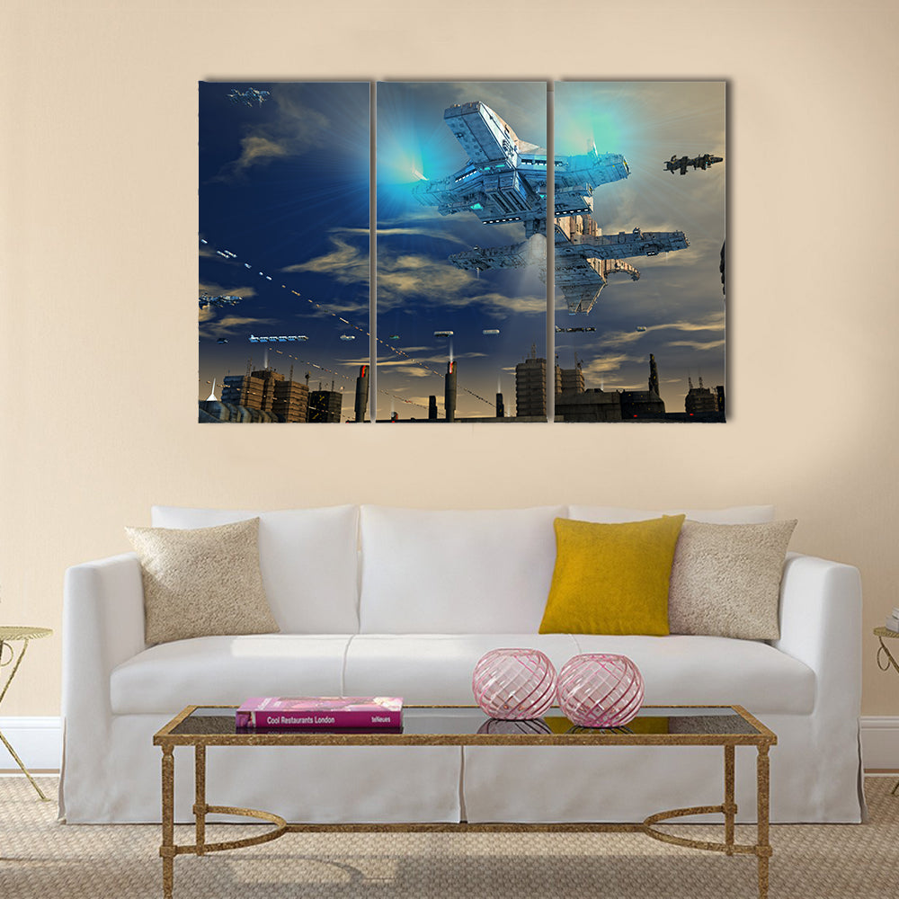 UFO Spaceship Landing On A City Multi Panel Canvas Wall Art