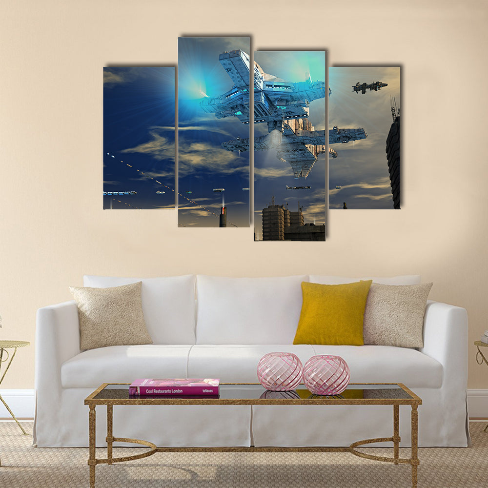 UFO Spaceship Landing On A City Multi Panel Canvas Wall Art