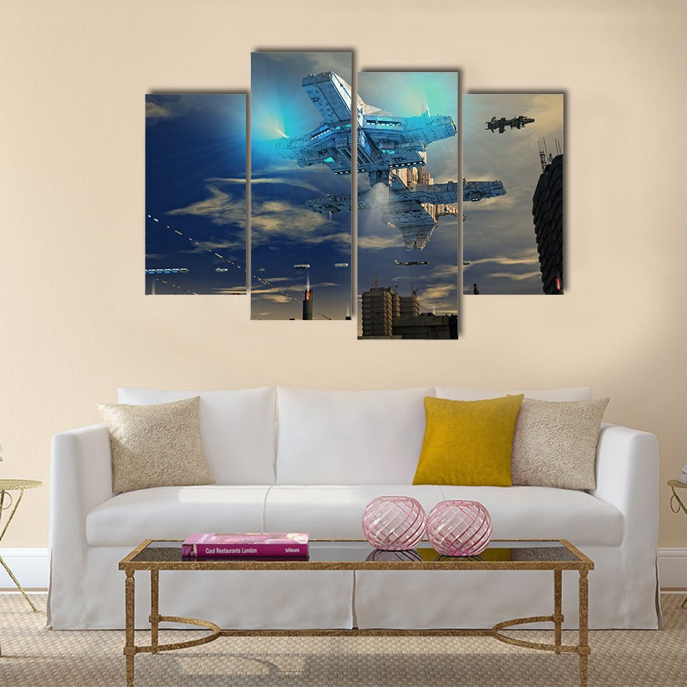 UFO Landing On A Beautiful Metropolitan City Multi Panel Canvas Wall Art