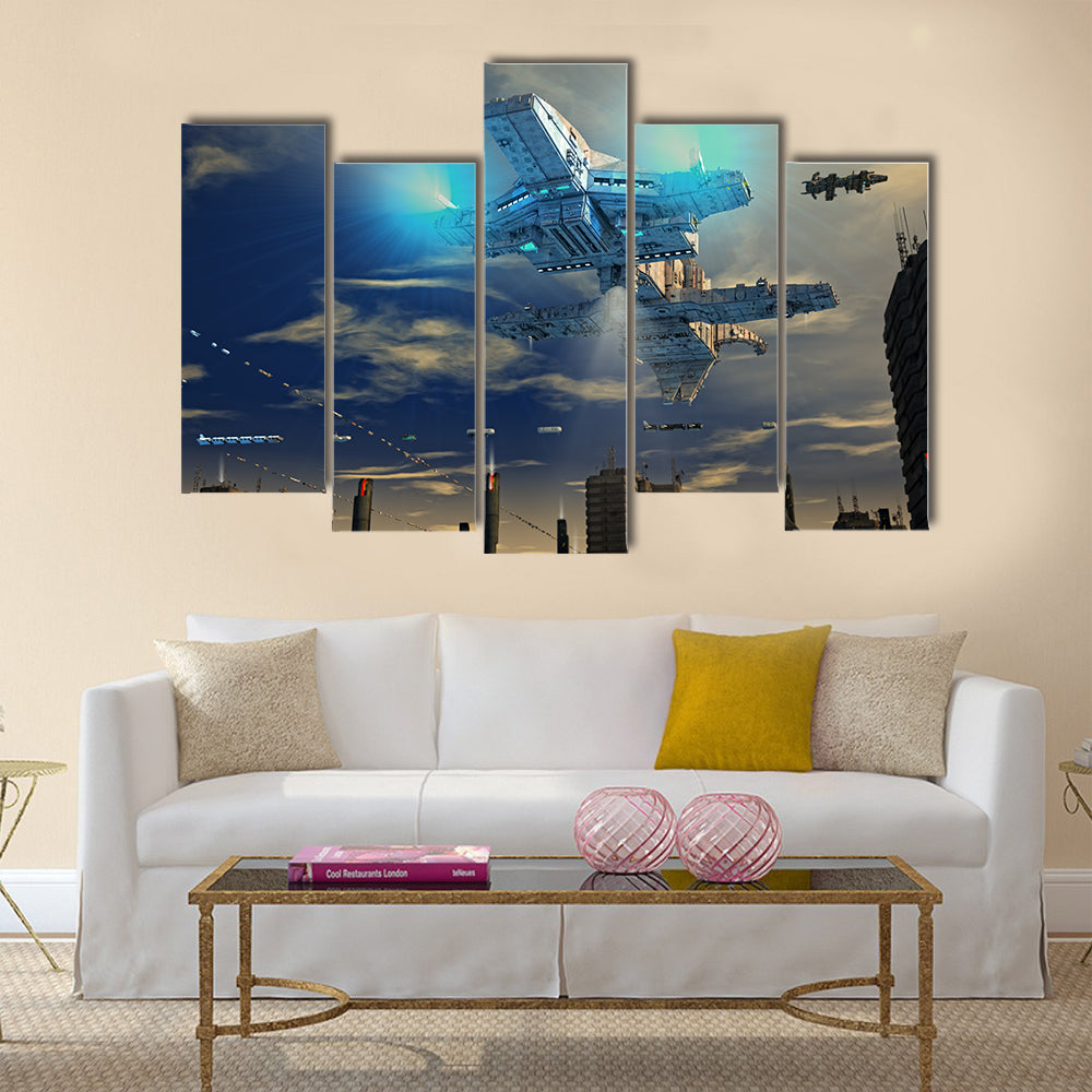 UFO Spaceship Landing On A City Multi Panel Canvas Wall Art