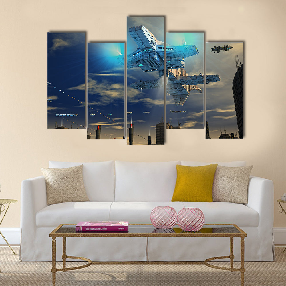 UFO Landing On A Beautiful Metropolitan City Multi Panel Canvas Wall Art