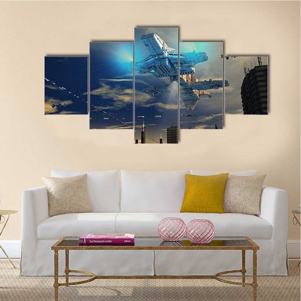 UFO Spaceship Landing On A City Multi Panel Canvas Wall Art
