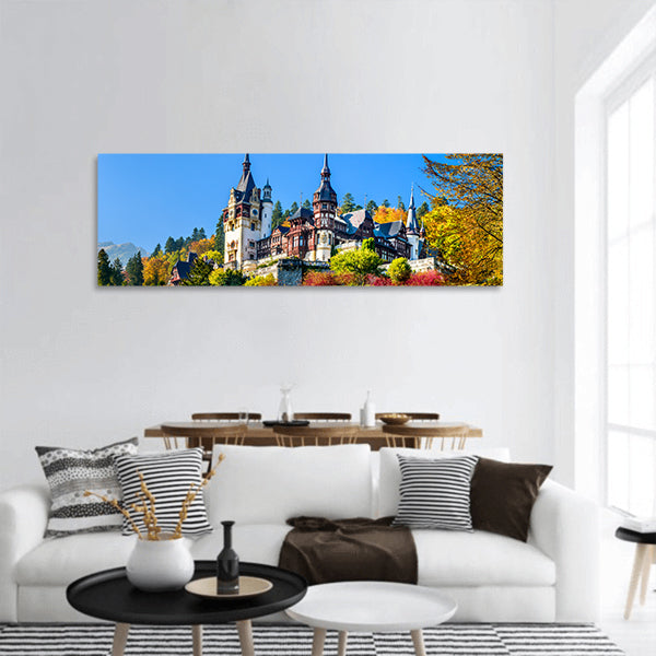 Peles and royal Castle ornamental garden in Sinaia landmark panoramic canvas wall art