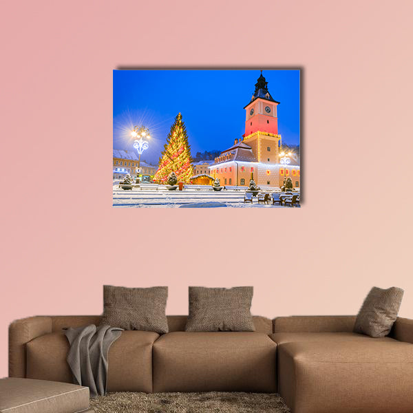 Christmas Market in Main Square, with Xmas Tree and lights, multi panel canvas wall art