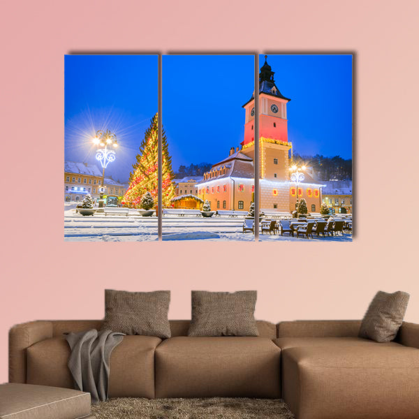 Christmas Market in Main Square, with Xmas Tree and lights, multi panel canvas wall art