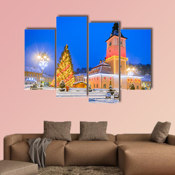 Christmas Market in Main Square, with Xmas Tree and lights, multi panel canvas wall art