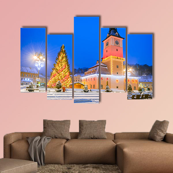 Christmas Market in Main Square, with Xmas Tree and lights, multi panel canvas wall art