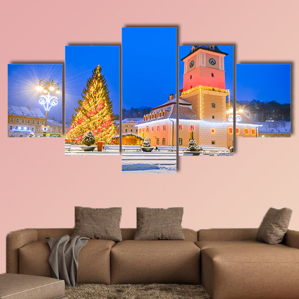 Christmas Market in Main Square, with Xmas Tree and lights, multi panel canvas wall art
