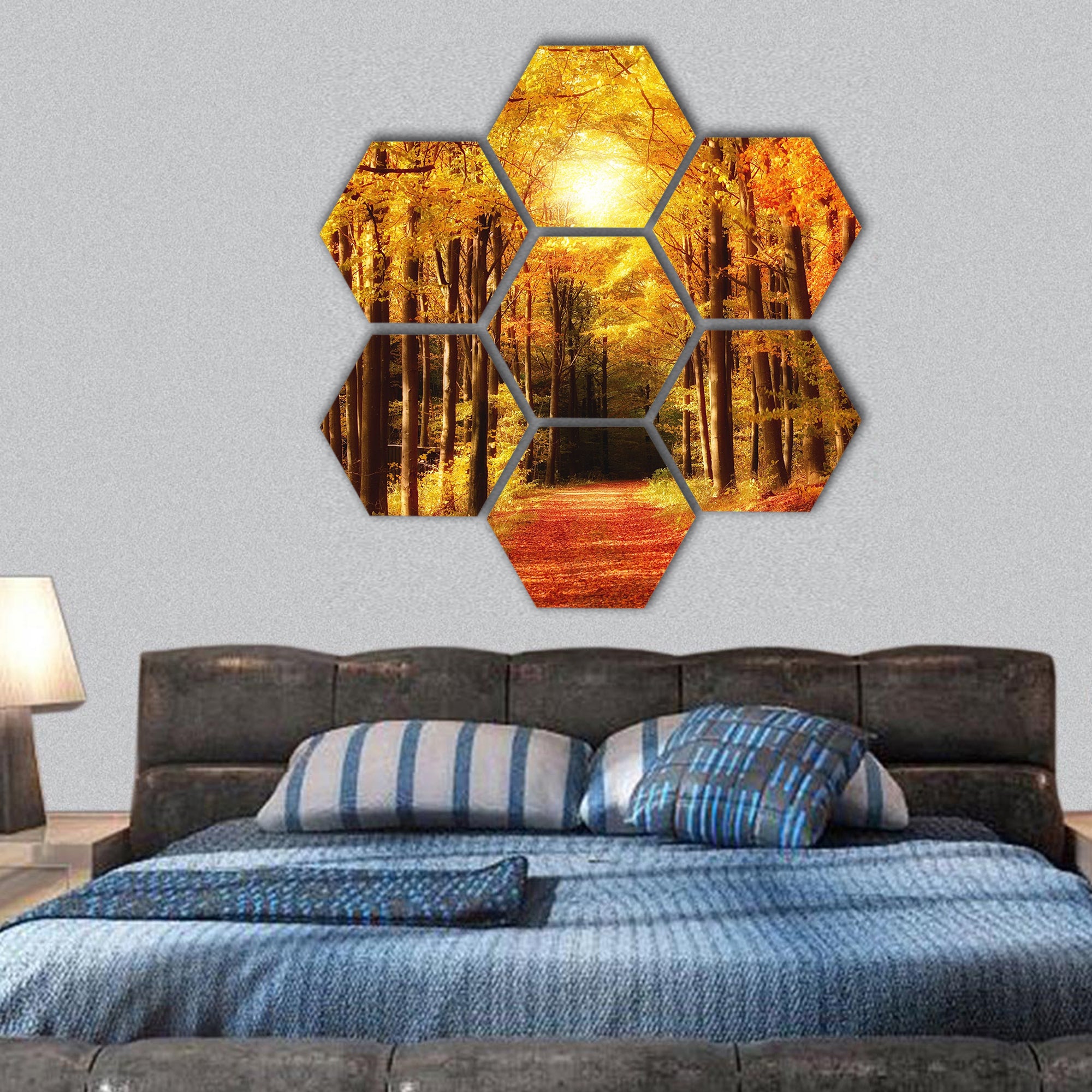 The forest in autumn - colorful hexagonal canvas wall art