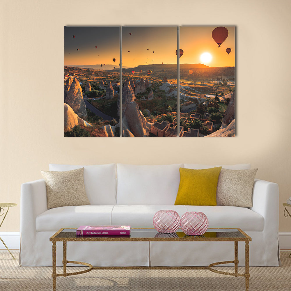 Hot air balloon flying over spectacular Cappadocia, multi panel canvas wall art