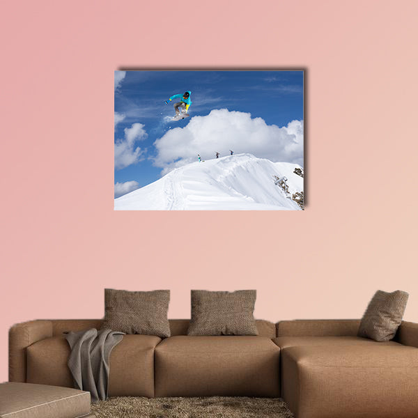 Flying snowboarder on mountains. Extreme winter sport Multi panel canvas wall art