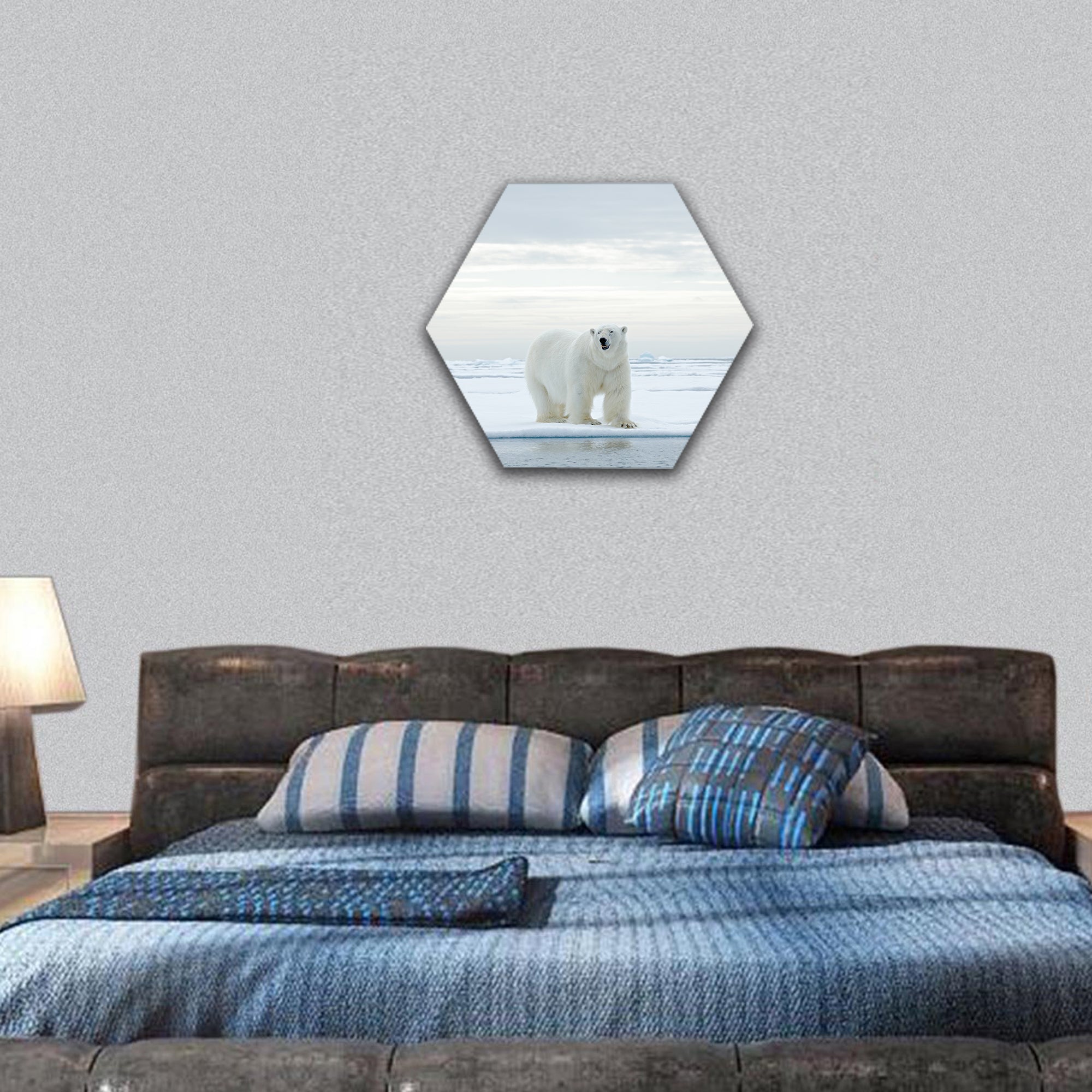 polar bear on drift ice with snow a water in Arctic Svalbard hexagonal canvas wall art