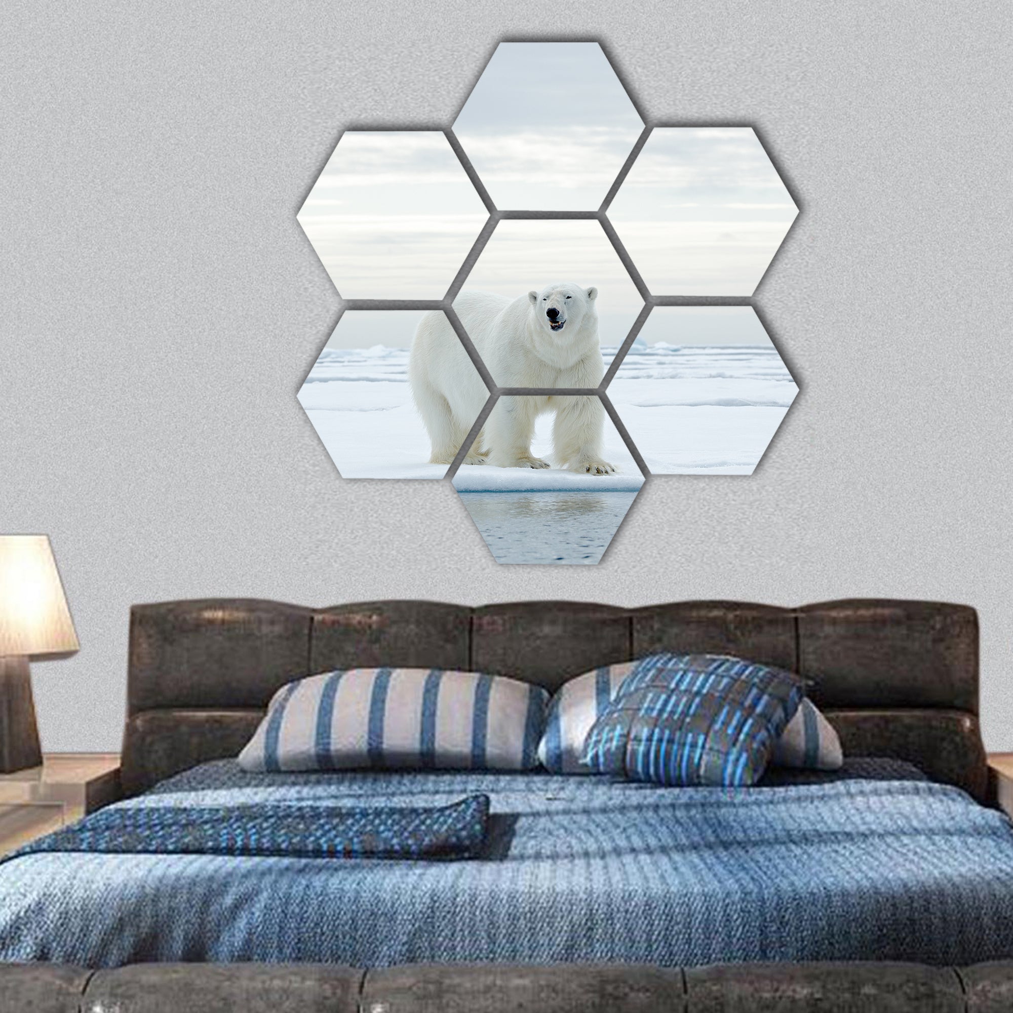 polar bear on drift ice with snow a water in Arctic Svalbard hexagonal canvas wall art