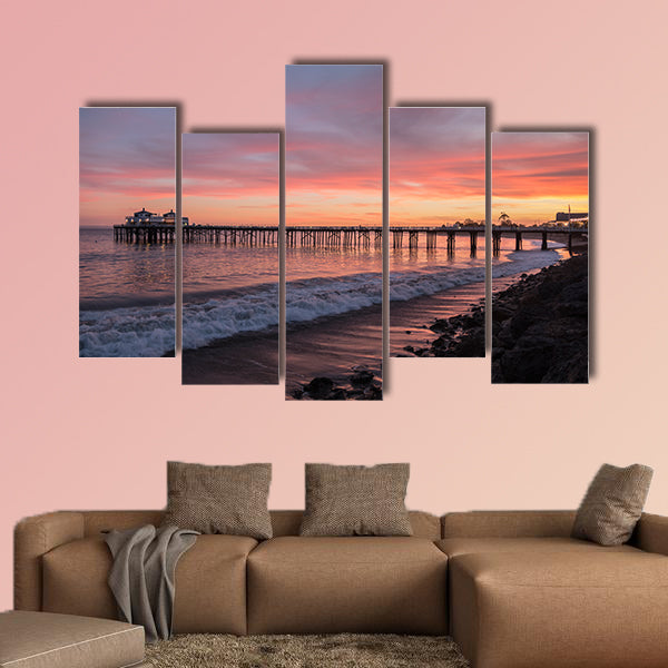 Malibu pier Pacific Ocean sunset on the Southern California coast multi panel canvas wall art