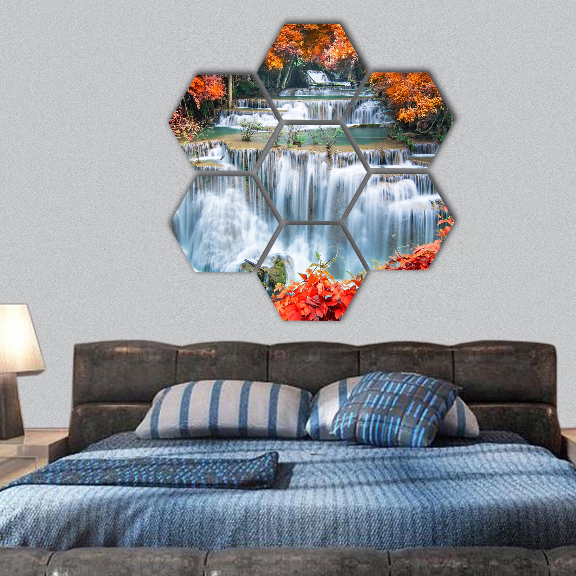 Waterfall in autumn forest hexagonal canvas wall art