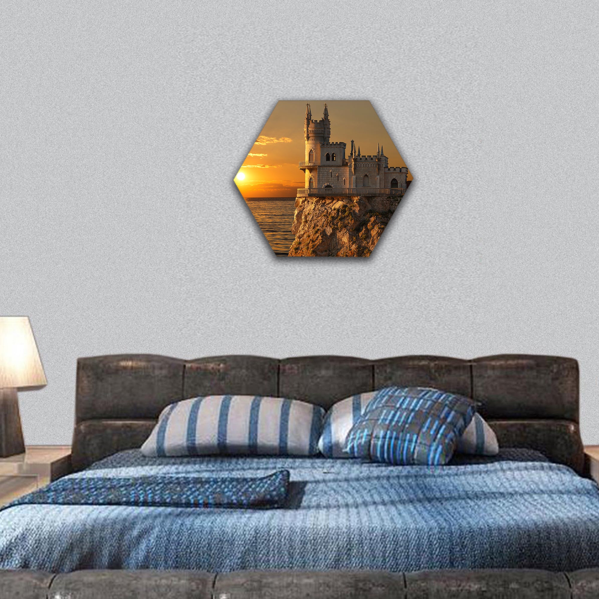 Nest castle on the rock over the Black Sea, Russia hexagonal canvas wall art