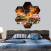 Home made burgers with fire flames hexagonal canvas wall art