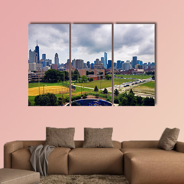 Cloudy day in Chicago, Illinois - downtown skyline Multi panel canvas wall art