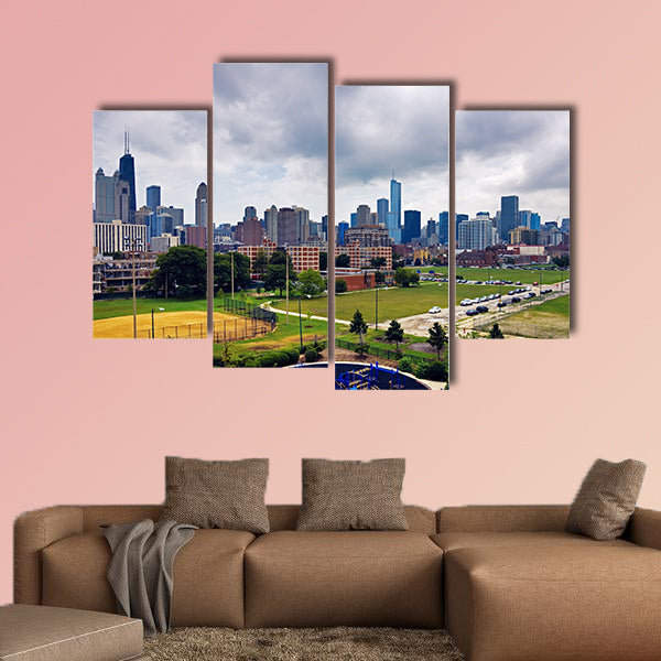 Cloudy day in Chicago, Illinois - downtown skyline Multi panel canvas wall art