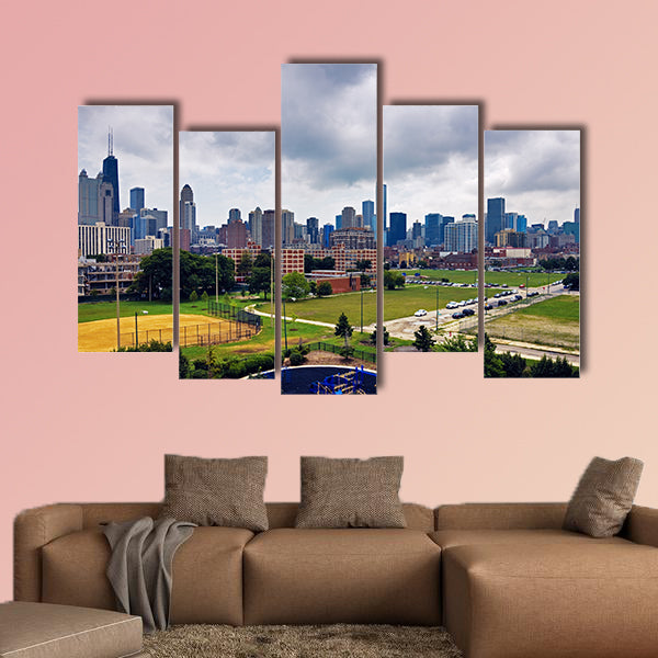 Cloudy day in Chicago, Illinois - downtown skyline Multi panel canvas wall art