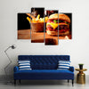 Fast Food homemade burger with chips or french fries for restaurant and menu cards Multi panel canvas wall art