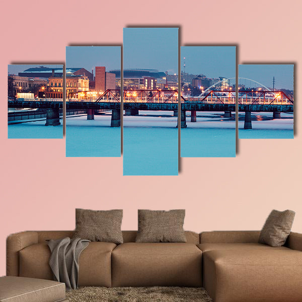 Des Moines skyline across frozen Des Moines River Des Iowa, USA wall art
